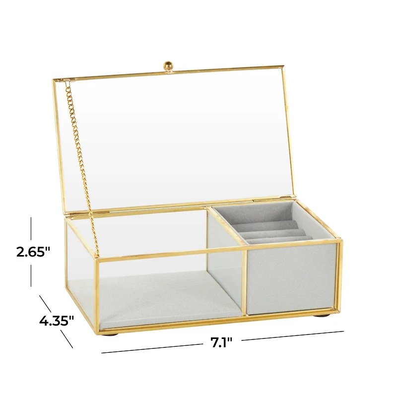 7" x 4" x 3" Clear & Gold Glass & Metal Jewelry Box with Chain Accent & Fabric Ring Slots