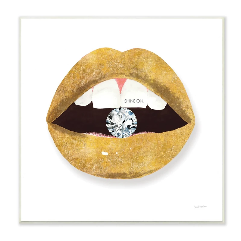 Stupell Industries Shine On Sentiment Gold Lips Glam Diamond Bite,12" x 12"