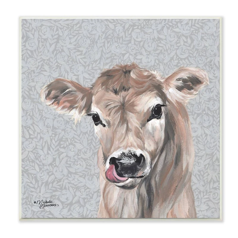Stupell Industries Young Calf Portrait Floral Pattern Farm Animal Wood Wall Plaque