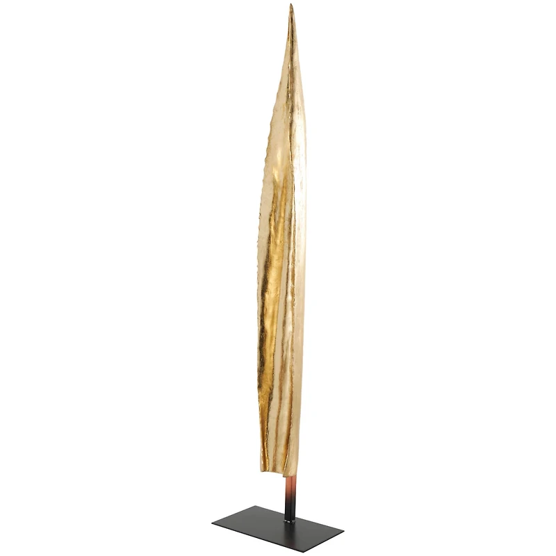 39" Gold Polystone Slim Leaf Abstract Sculpture with Black Metal Stand