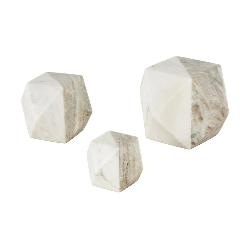 White Marble Geometric Cube Two-Toned Hexagon Sculpture with Cream & Copper Accents, 3ct.