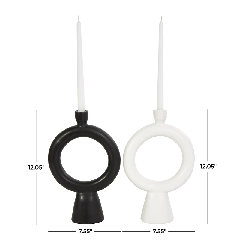 CosmoLiving by Cosmopolitan 12" Black & White Ceramic Geometric Ring Taper Candle Holder Set
