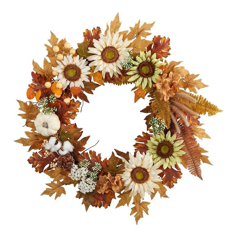 30" Sunflower, White Pumpkin & Berries Fall Wreath