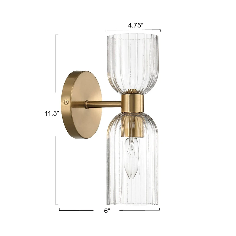 Hello Honey® Josephine Brushed Gold Mid-Century Modern Metal & Clear Ribbed Glass Wall Light