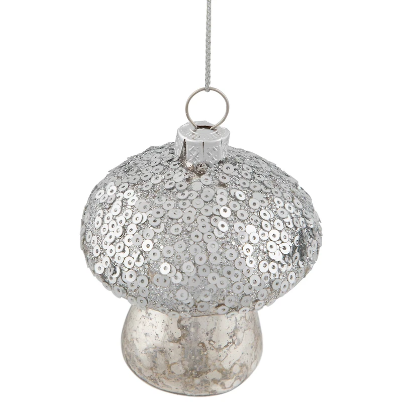 Sequined Mercury Glass Mushroom Christmas Ornament - 3.5" - Silver Finish