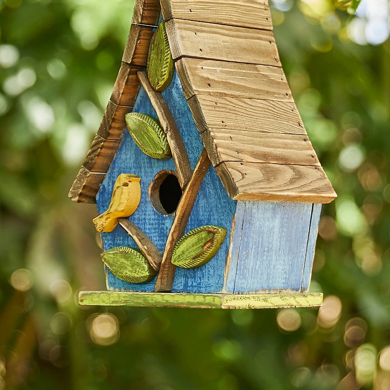 Glitzhome® 12.5" Distressed Wood Birdhouse with Leaves