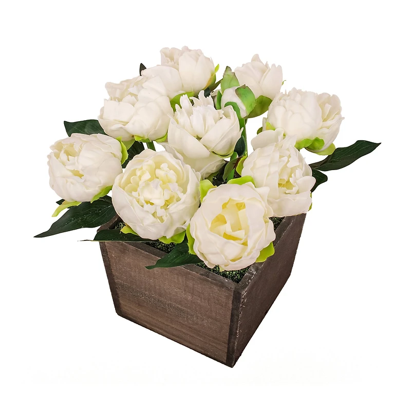 10" White Peony Flowers In Wood Box