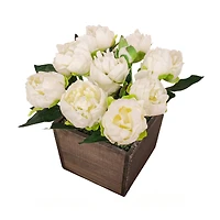 10" White Peony Flowers In Wood Box