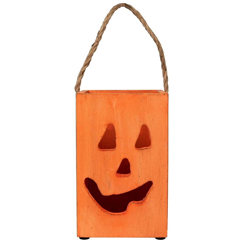8" Large Orange Wood Jack-O-Lantern Halloween Candle Lantern