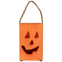 8" Large Orange Wood Jack-O-Lantern Halloween Candle Lantern