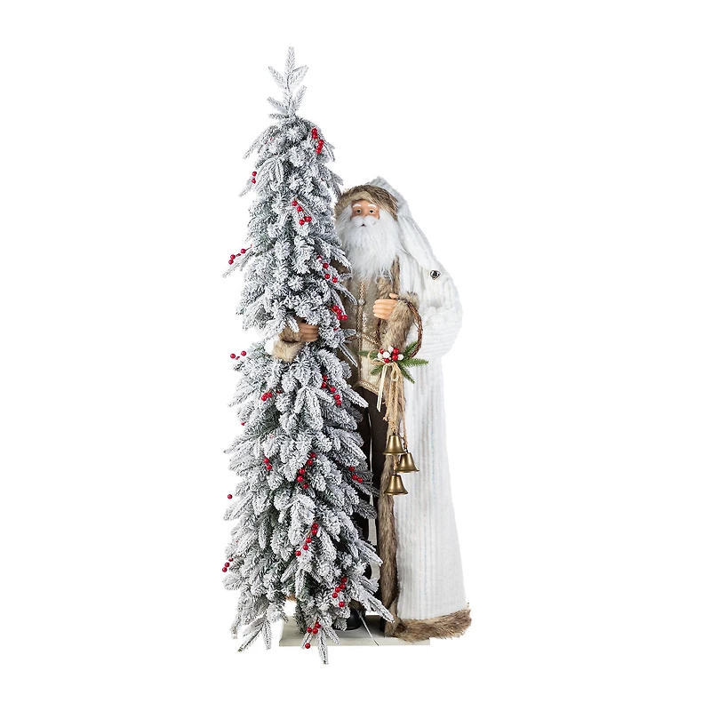 Glitzhome® 4FT Oversized Christmas Woodland Santa with 5FT Lighted Flocked Artificial Christmas Tree