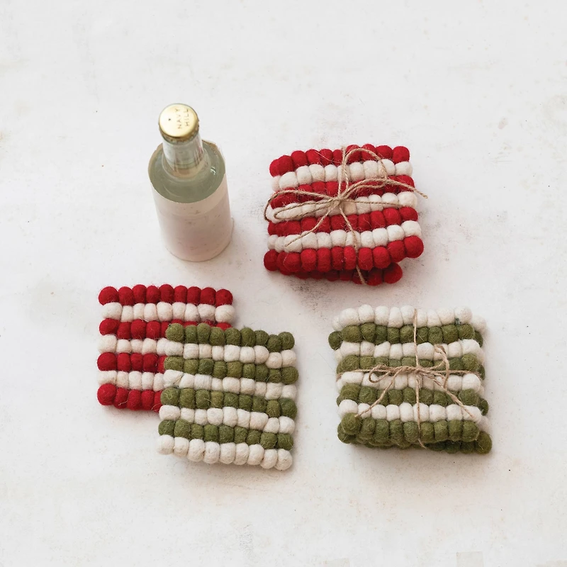 Hello Honey® 4" Cream & Green Handmade Wool Felt Ball Coasters, 4ct.