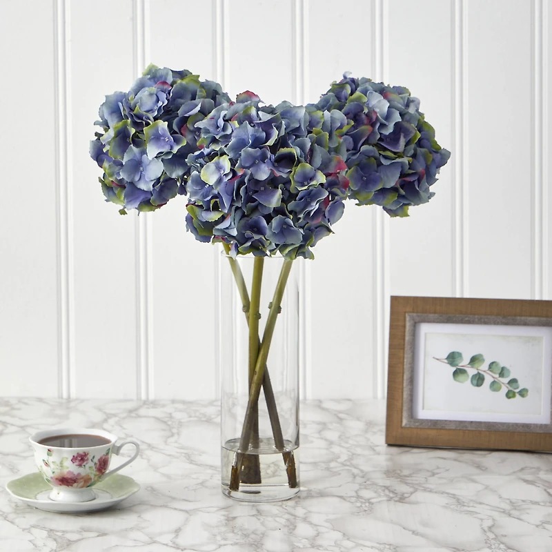 18" Blue Hydrangea in Glass Vase