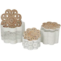 White Metal Quatrefoil Decorative Jars with Wood Carved Lids Set