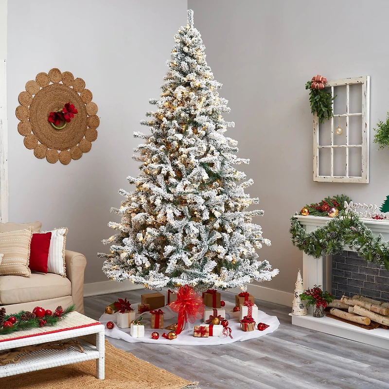 10ft. Pre-Lit Flocked Rock Springs Spruce Artificial Christmas Tree, Clear LED Lights