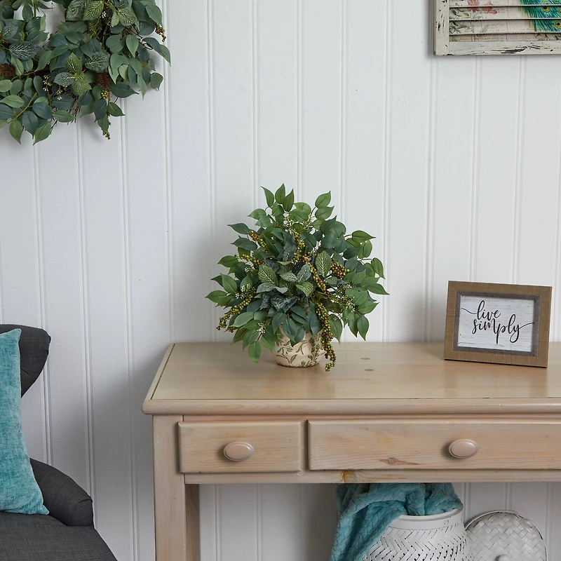 13" Mixed Ficus, Fittonia & Berry in Floral Vase