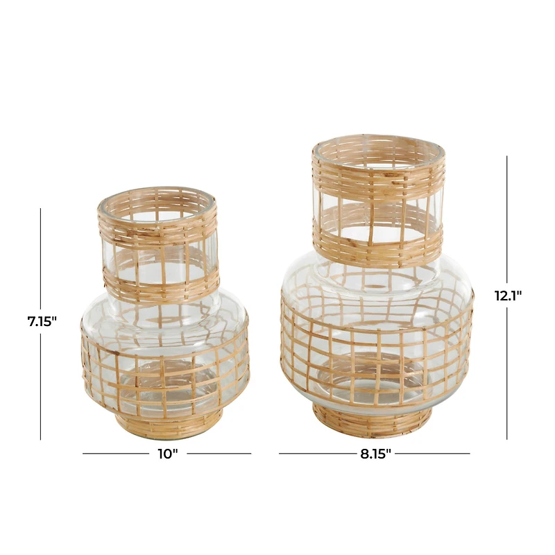 Clear Glass Double Ring Rattan Wrapped Vase Set