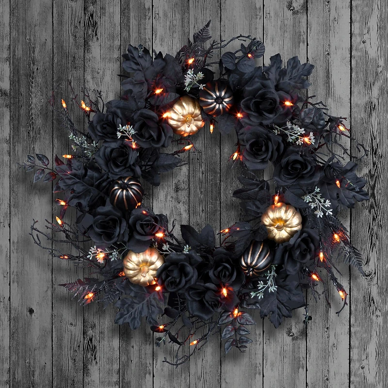 24" Chic Eek Black Flower & Pumpkin Halloween Pre-Lit LED Wreath