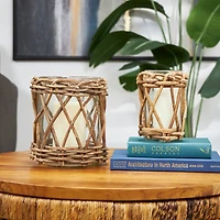 Clear Glass & Rattan Woven Candle Holder Set