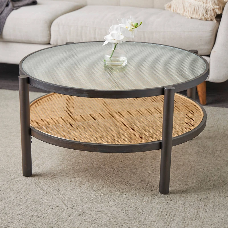 34" Brown Rattan Coffee Table with Pressed Tempered Glass Top