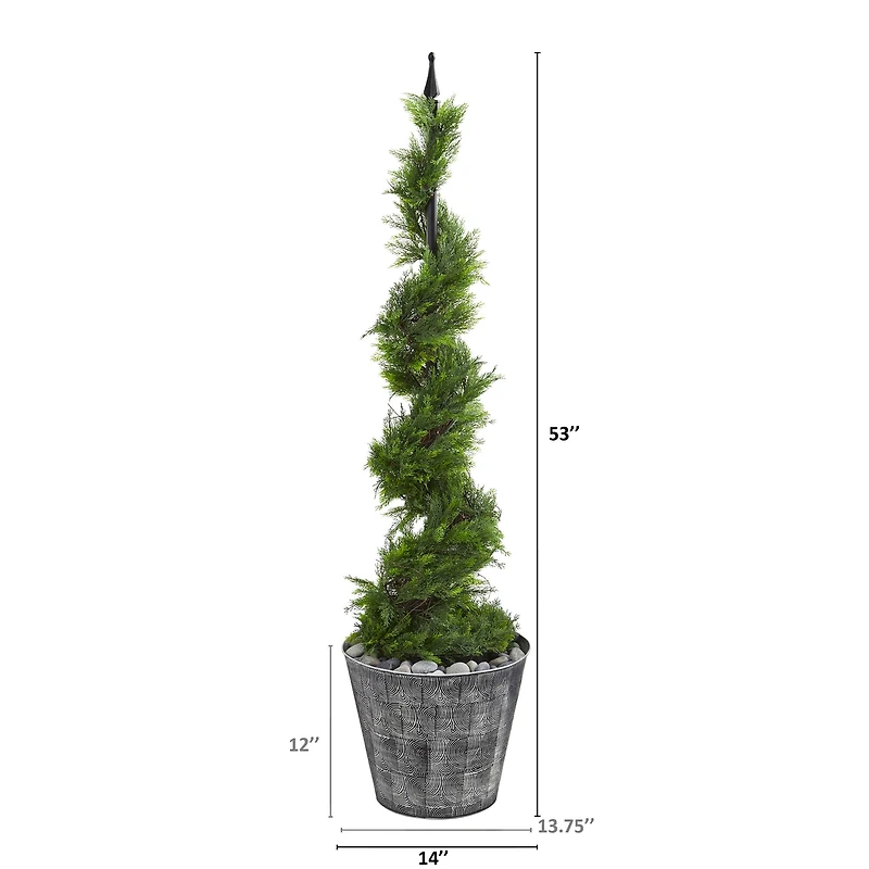 4.5ft. Cypress Spiral Topiary Tree in Black Embossed Tin Planter