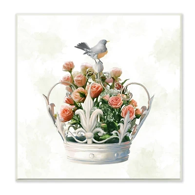 Stupell Industries Bird Perched on Regal Crown Floral Rose Bouquet,12" x 12"
