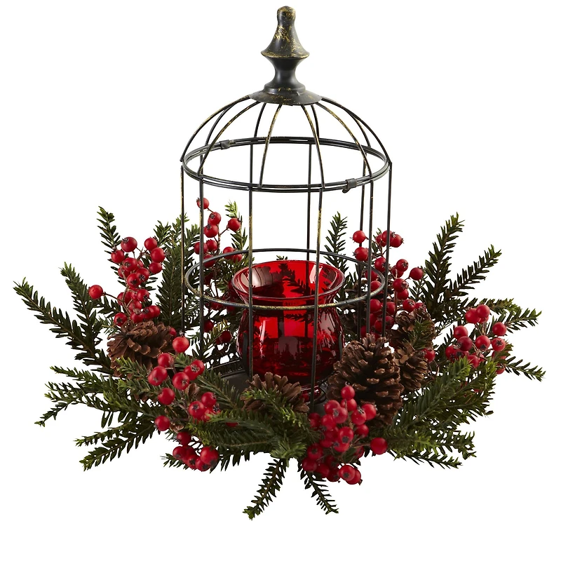 15" Pine & Berry Birdhouse Candelabrum