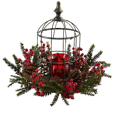 15" Pine & Berry Birdhouse Candelabrum