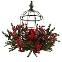 15" Pine & Berry Birdhouse Candelabrum