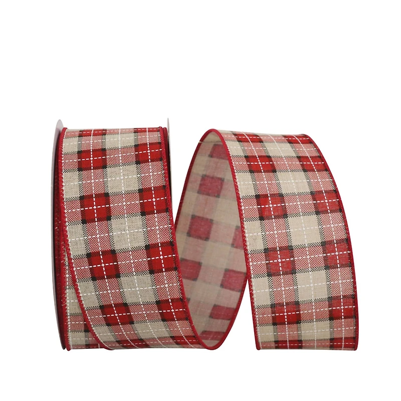 JAM Paper 2.5" x 20yd. Stitched Linen Wired Plaid Lauren Ribbon