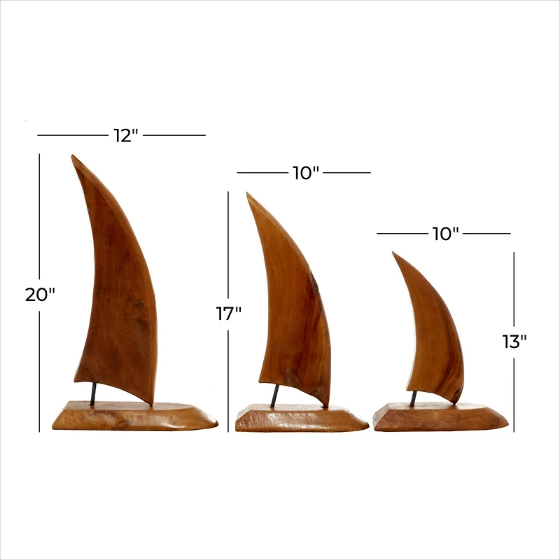 Set of 3 Brown Teak Wood Sail Boat Sculpture 20", 17", 13"