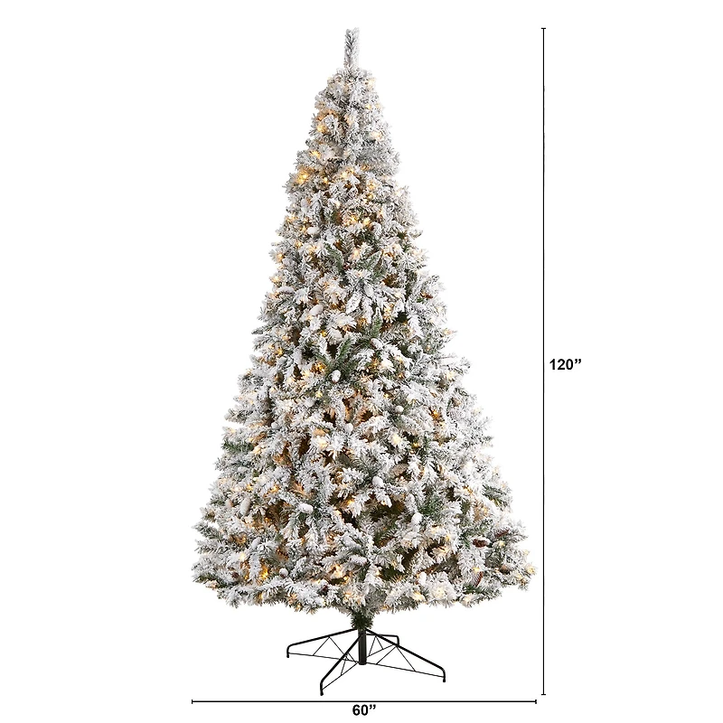 10ft. Pre-Lit Flocked White River Mountain Pine Artificial Christmas Tree, Clear LED Lights