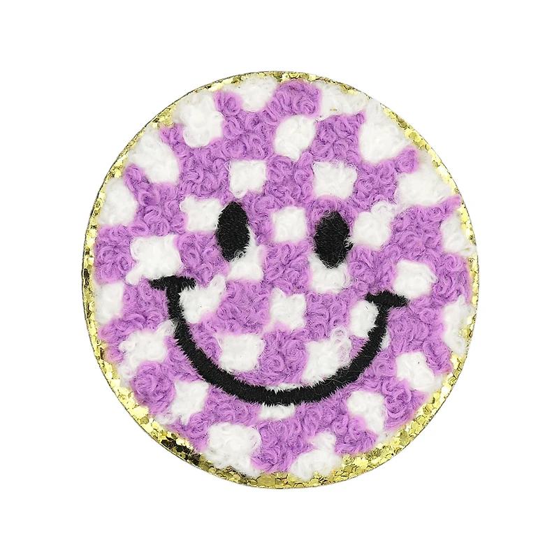 Purple Checker Smiley Face Iron On & Adhesive Patch by Make Market®