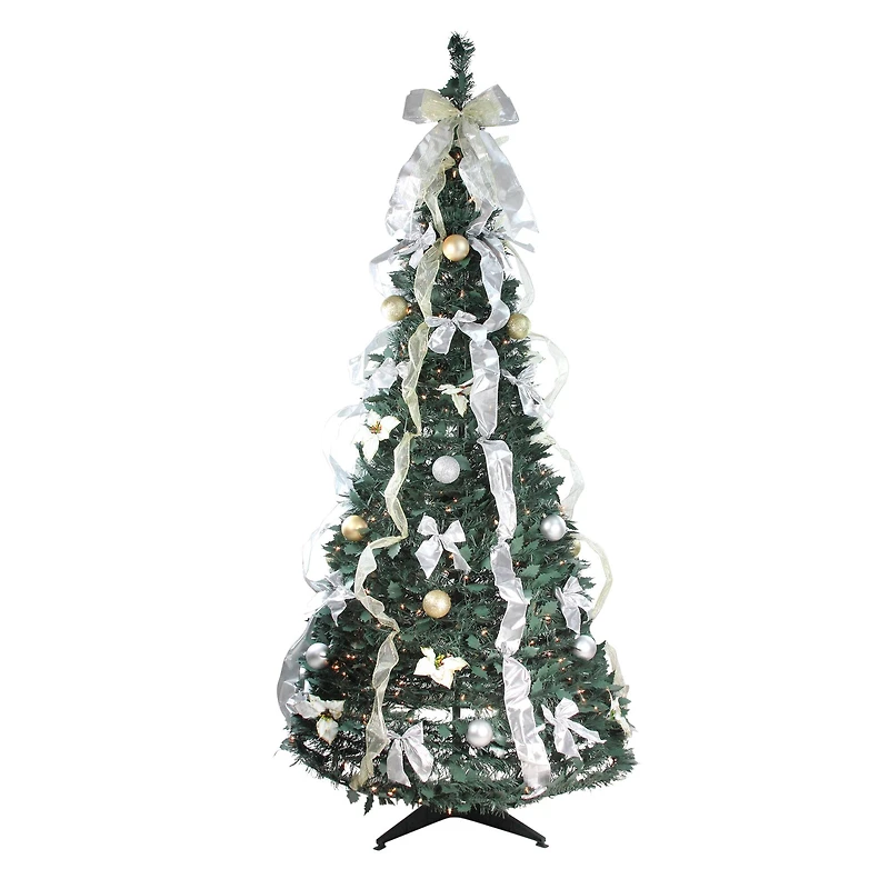 6ft. Pre-Lit Silver & Gold Decorated Pop-Up Artificial Christmas Tree, Clear Lights
