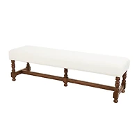 59" Cream Fabric Bench with Brown Traditional Wood Turned Legs