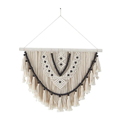 White Cotton Handmade Intricately Weaved Macrame Wall Decor with Beaded Fringe Tassels 28" x 1" x 32"
