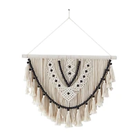White Cotton Handmade Intricately Weaved Macrame Wall Decor with Beaded Fringe Tassels 28" x 1" x 32"