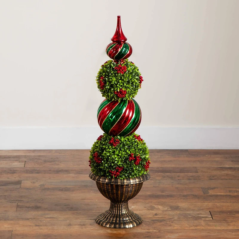 3ft. Pre-Lit Artificial Christmas Ornament Boxwood Topiary Tree with 70 Warm White LED Lights