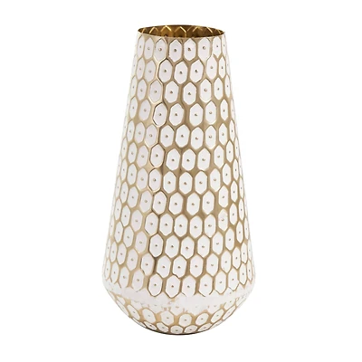 13" Gold & White Geometric Dot Metal Vase