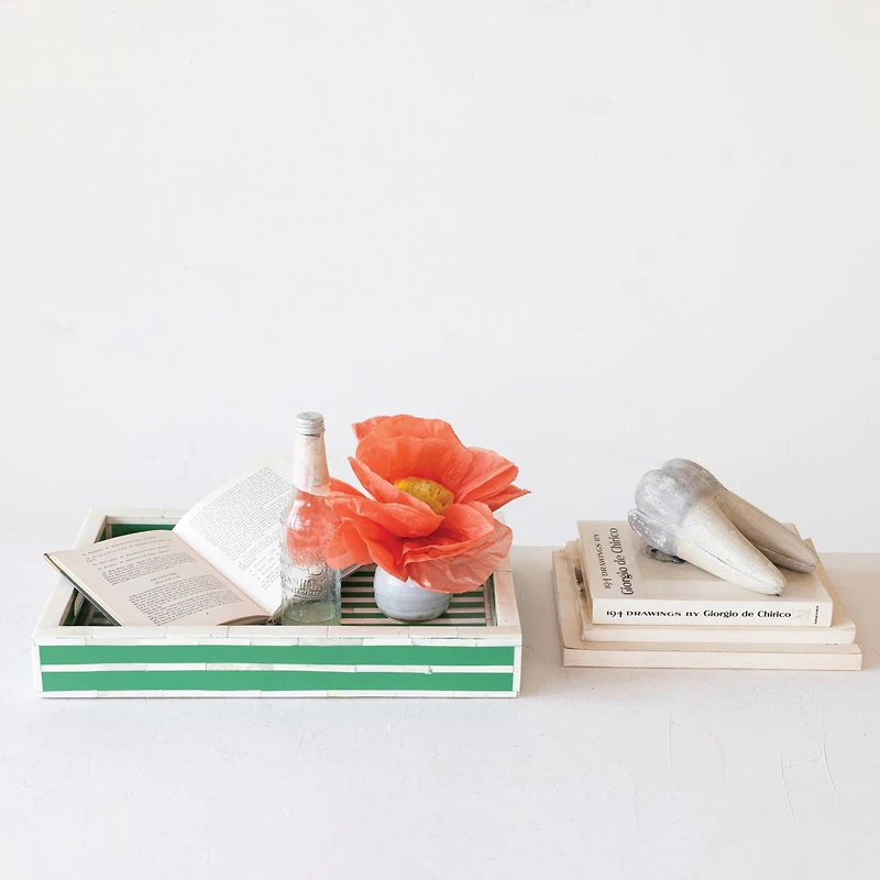 Hello Honey® 18" Green & Cream Reclaimed Wood Tray with Handles