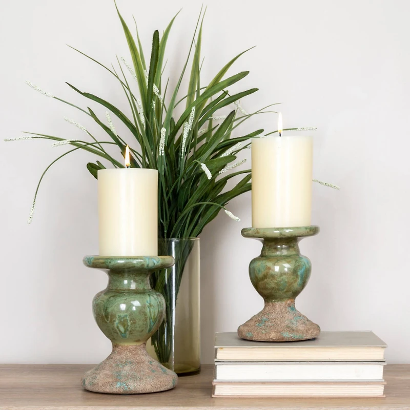 Hello Honey® Distressed Green 2-Tone Sculptural Terracotta Pillar Candle Holder
