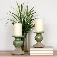 Hello Honey® Distressed Green 2-Tone Sculptural Terracotta Pillar Candle Holder