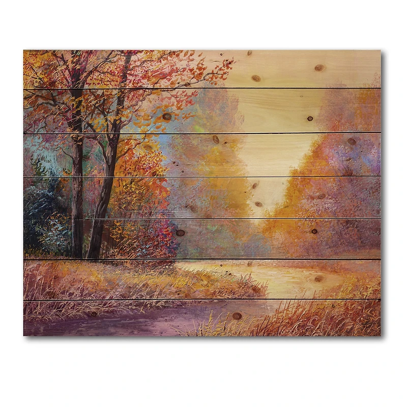 Designart - Path In The Autumn Forest Orange Leaves Landscape