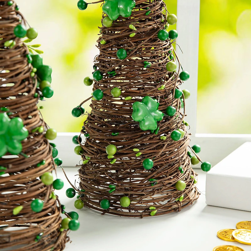 Glitzhome® St. Patrick's Rattan Shamrock & Berry Table Tree Set