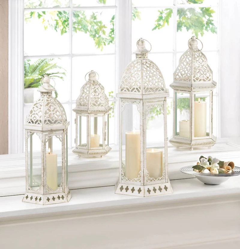 16'' Graceful Distressed White Lantern