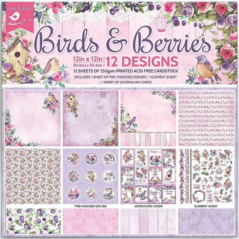 Little Birdie Birds & Berries Cardstock Pack, 12" x 12"