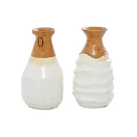 Set of 2 White Teak Wood Coastal Style Vase 6", 10"