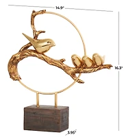 16" Gold Polystone Bird Family On A Branch Sculpture with Brown Block Base
