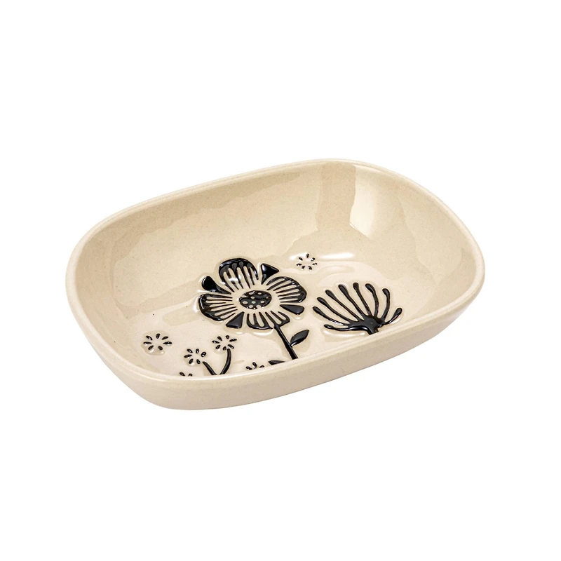 Hello Honey® 5.5" Cream & Black Floral Stoneware Dish, 4ct.