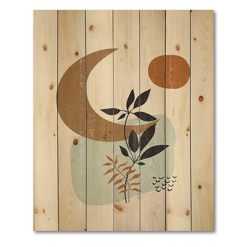Designart - Abstract Sun & Moon With Minimal Plants - Modern Print on Natural Pine Wood